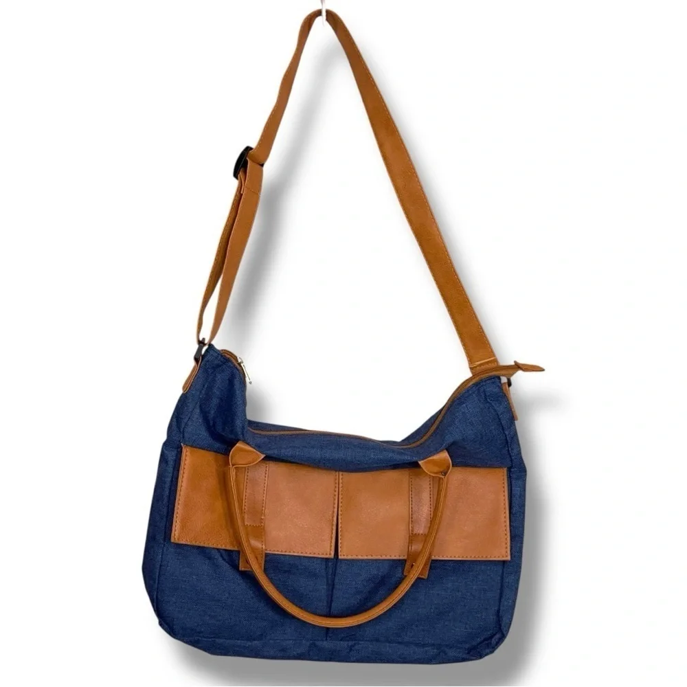 Navy Blue Tan Brown Travel Overnight Bag Lightweight Adjustable Strap